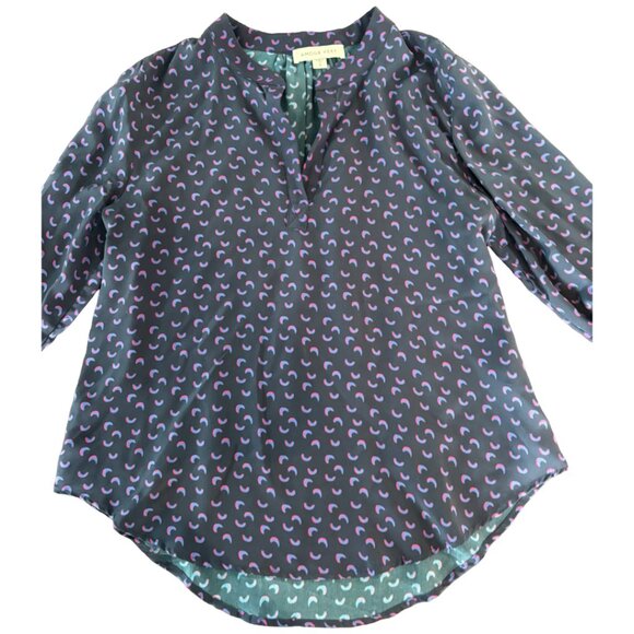Amour Vert 100% Silk Blouse Navy Multicolor Print Size S Long Sleeve - Picture 6 of 16